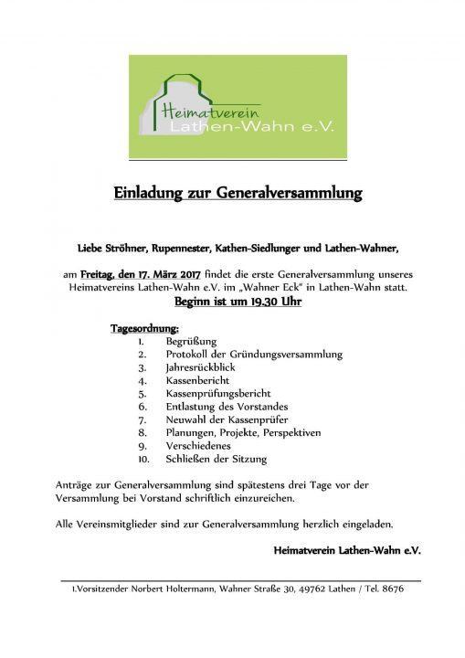 Einladung Generalversammlung Heimatverein Lathen-Wahn 2017